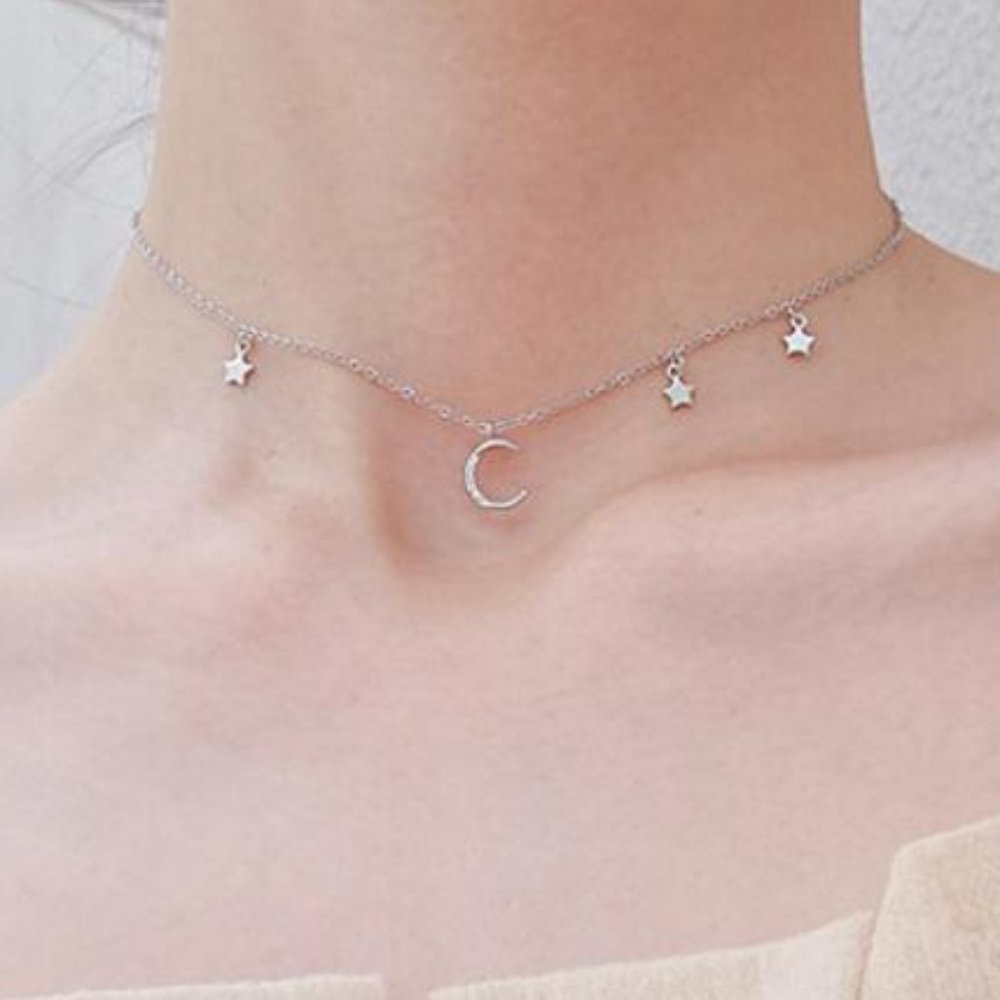 *925 Sterling Silver Diamond Moon Star Necklace E1